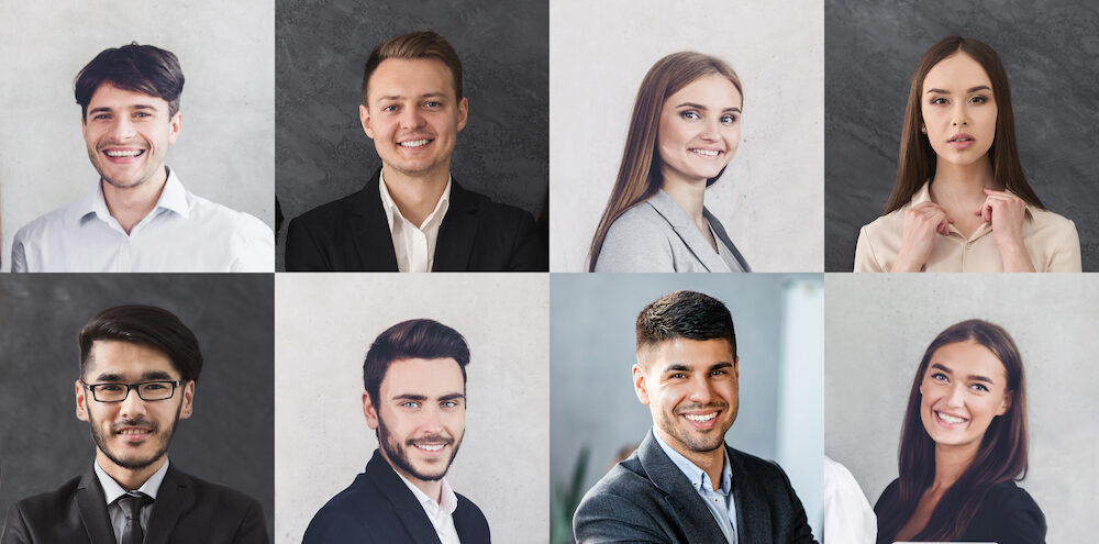 Collection Of Multiethnic Business People Portraits Collage. Human Headshots In A Row. Happy Successful Millennials Females And Males Entrepreneurs Posing Smiling To Camera On Gray Backgrounds. Square